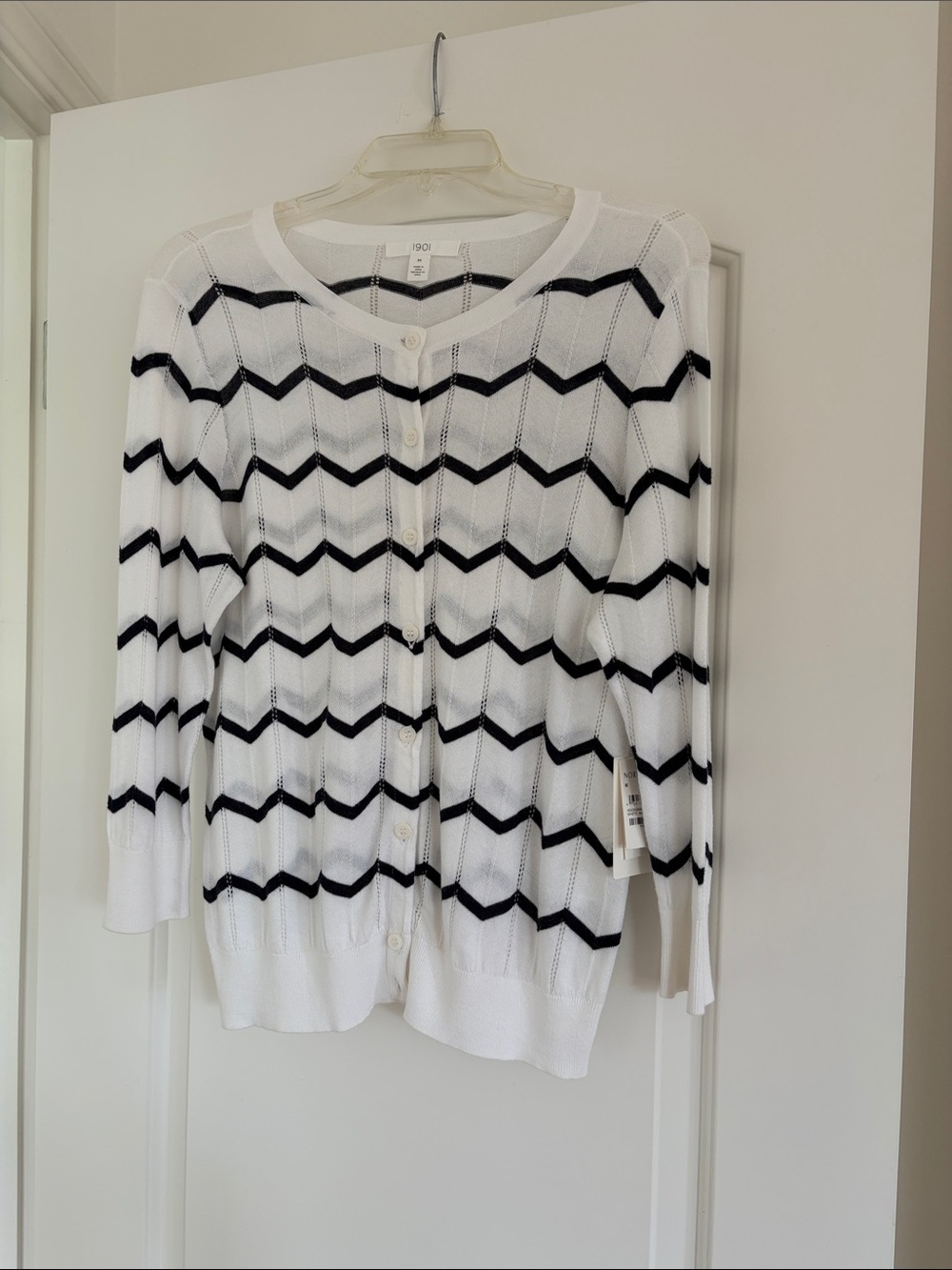 1901 White and Navy Chevron Button-Front Cardigan